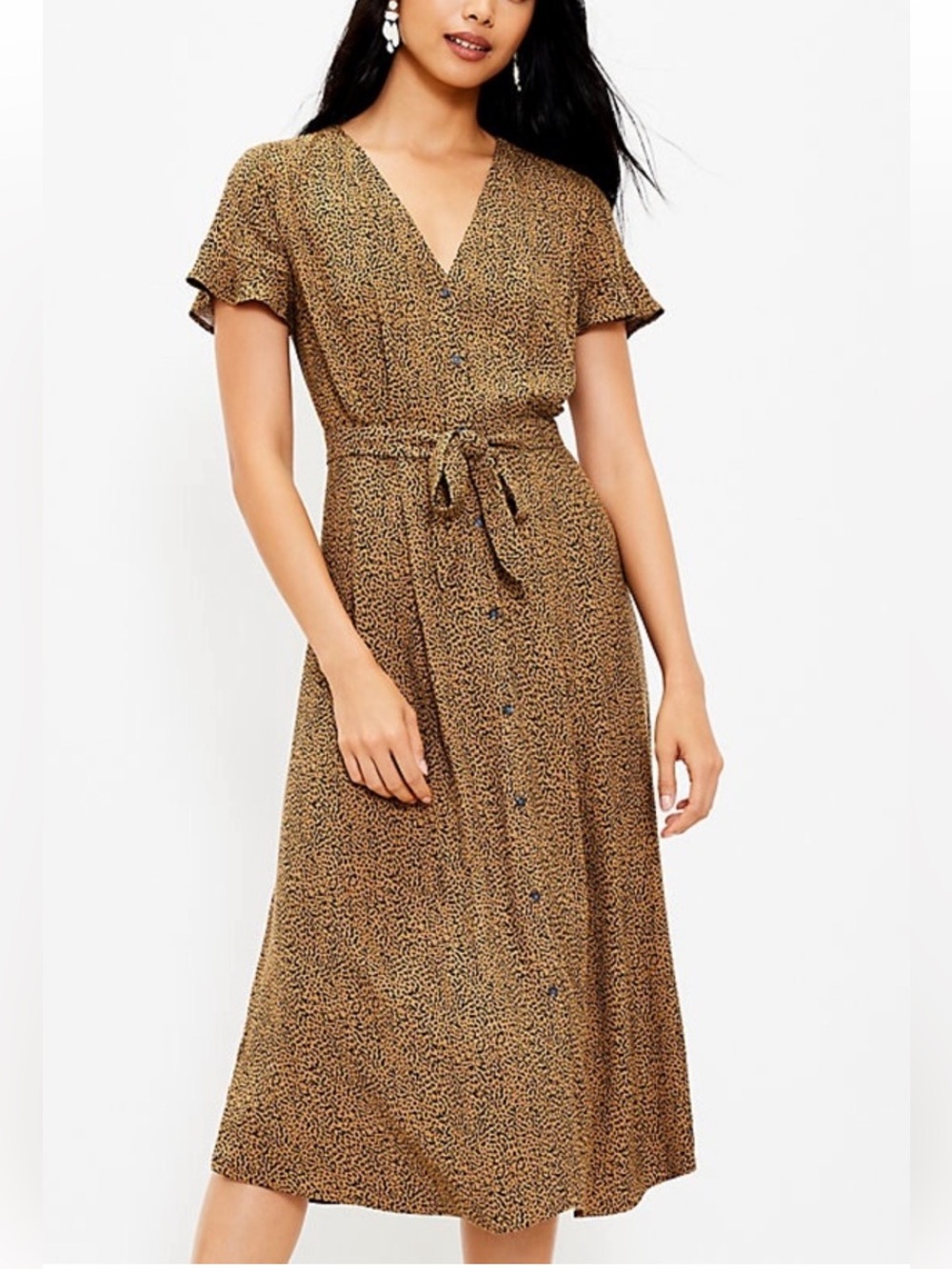 LOFT Brown Printed Tie-Waist Midi Dress